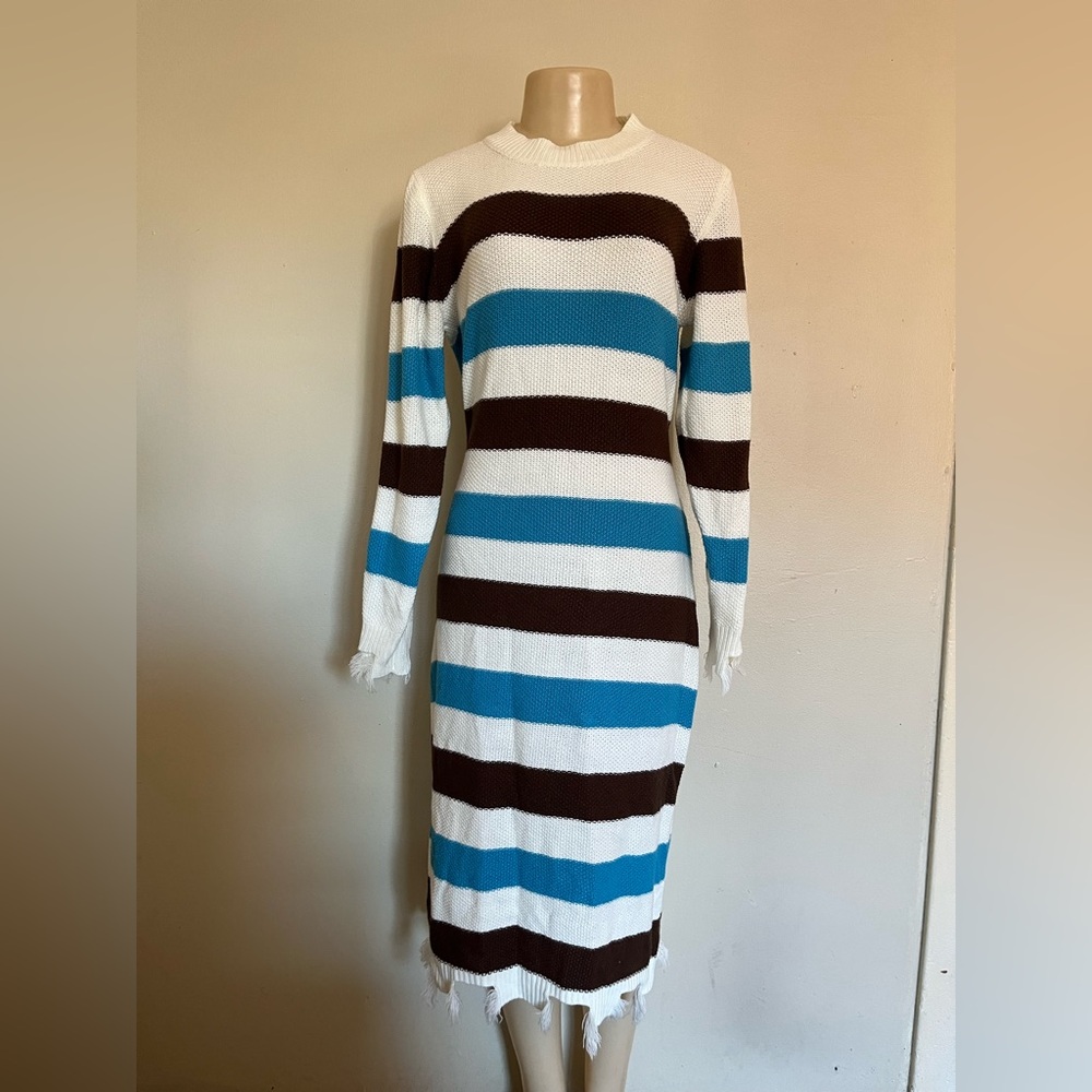 SHEIN Long Sleeve Striped Dress in Blue, Brown, and White